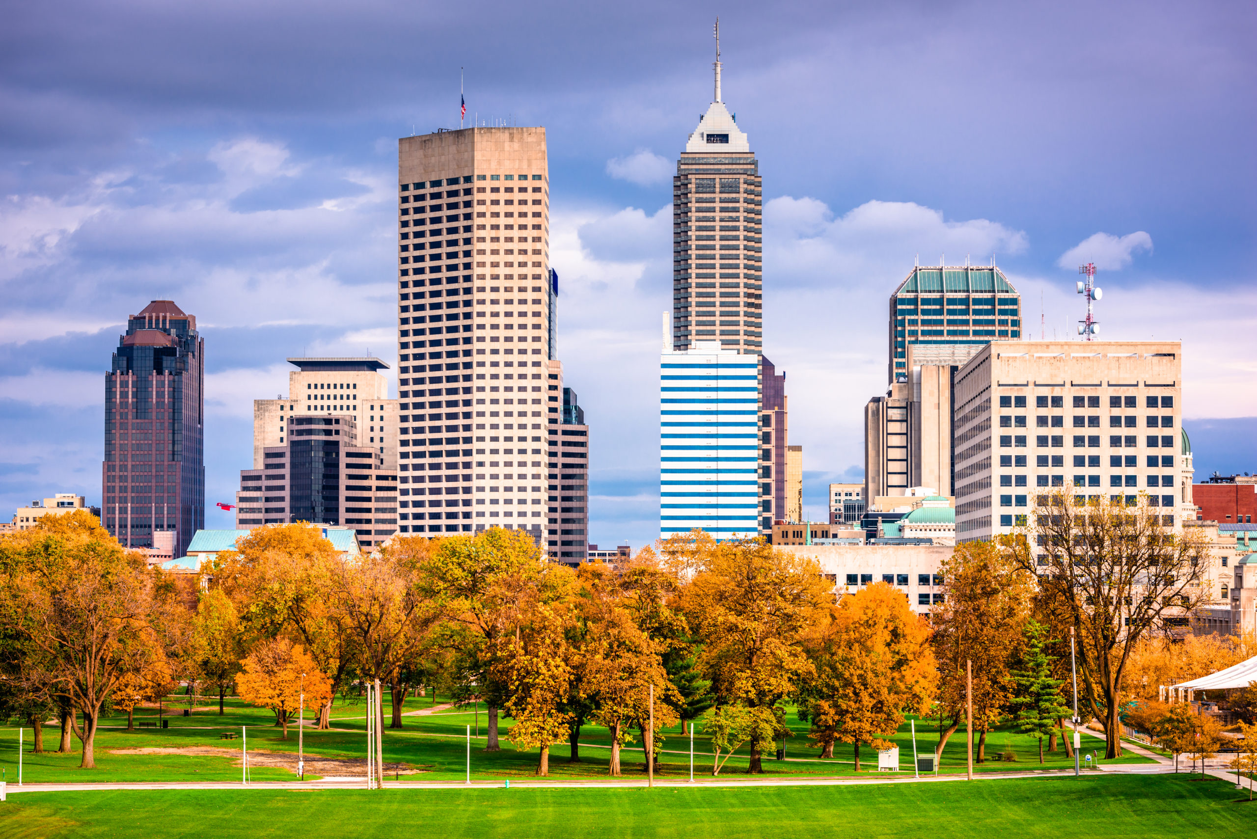 downtown view of indianapolis, indiana that focuses on the trees in autumn