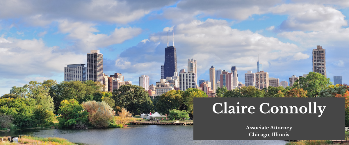Image of downtown chicago with text in a grey box reading claire connolly associate attorney chicago illinois