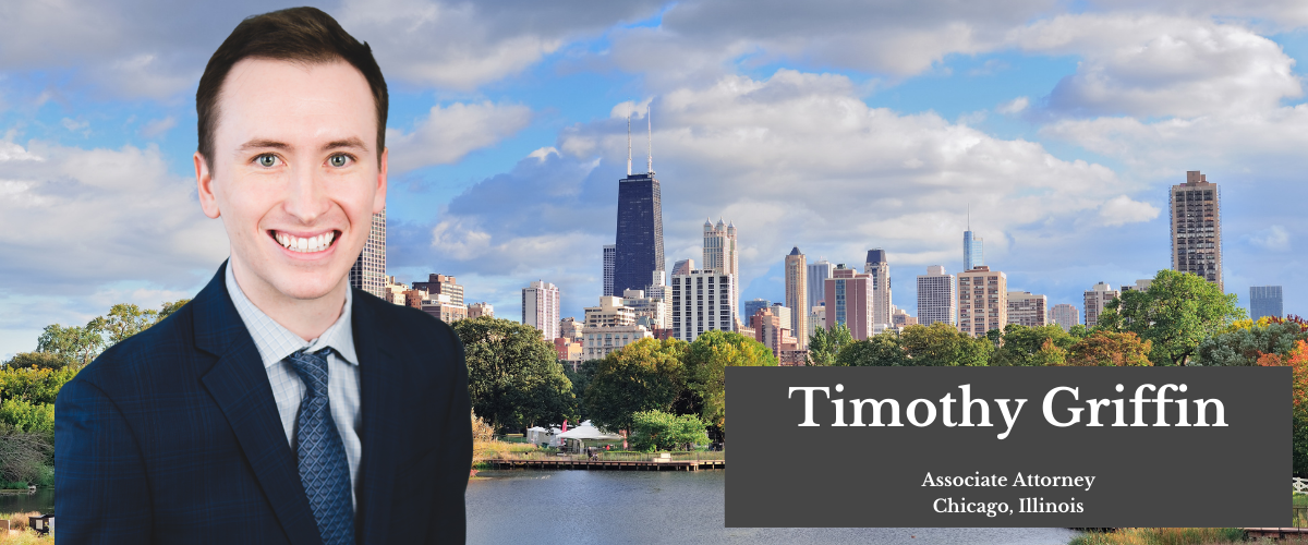 Image of the downtown Chicago, Illinois skyline in color with an image of attorney Sade B. Ojediran in front of the landscape with text reading Timoth Griffin Associate Attorney Chicago, Illinois